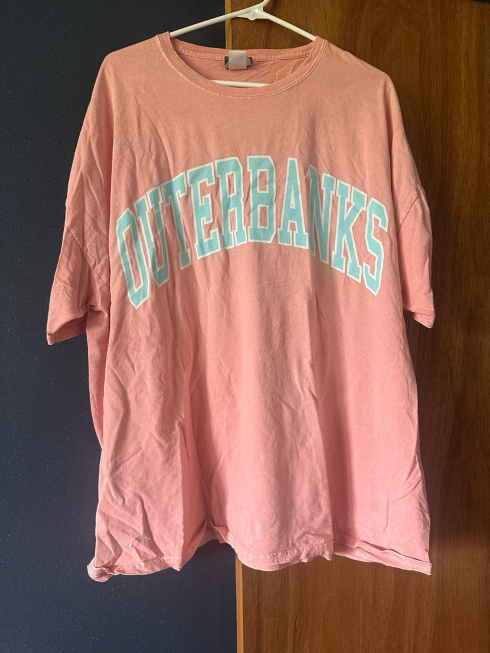 ARULA Pink Outerbanks Short Sleeve Tee with Light Blue Lettering